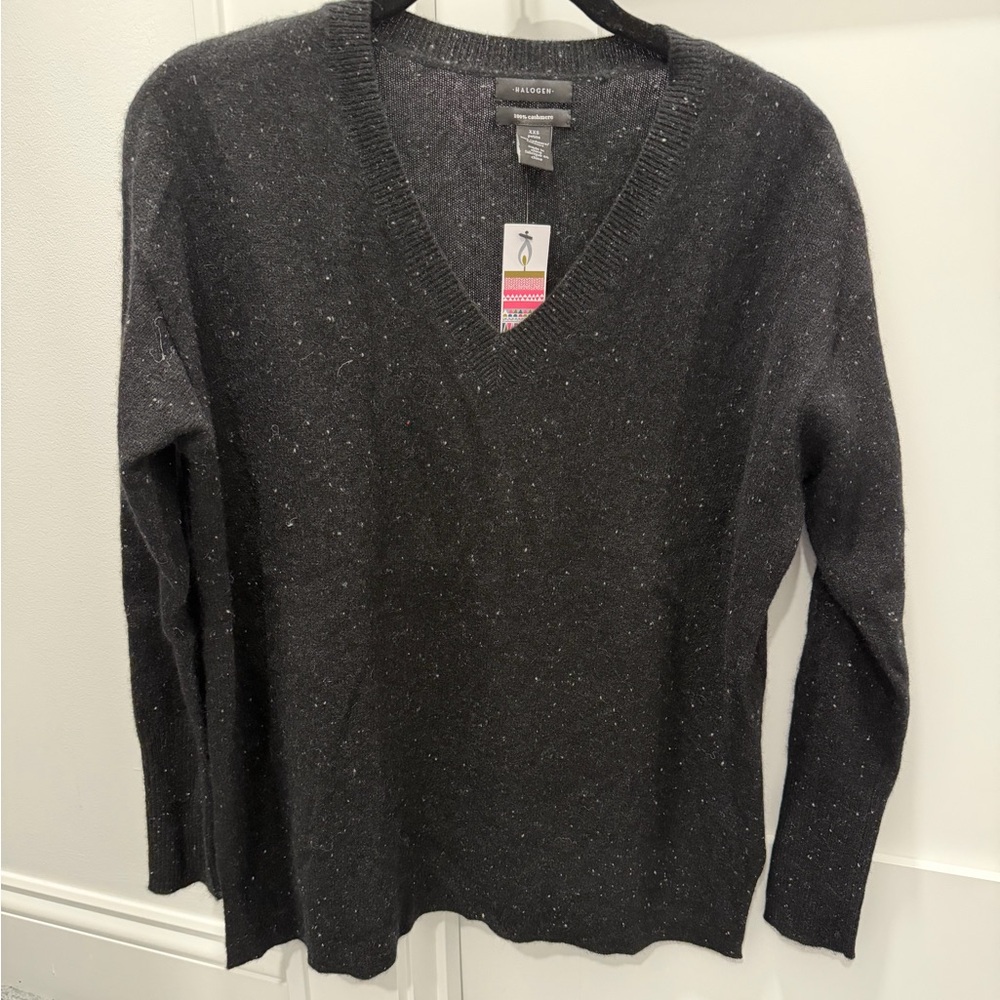 Women's Halogen Speckled Black 100% Cashmere V-Neck Sweater - XXS
